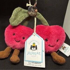 Jellycat Pink Plush Cherry Keychain with Green Leaf and Brown Legs